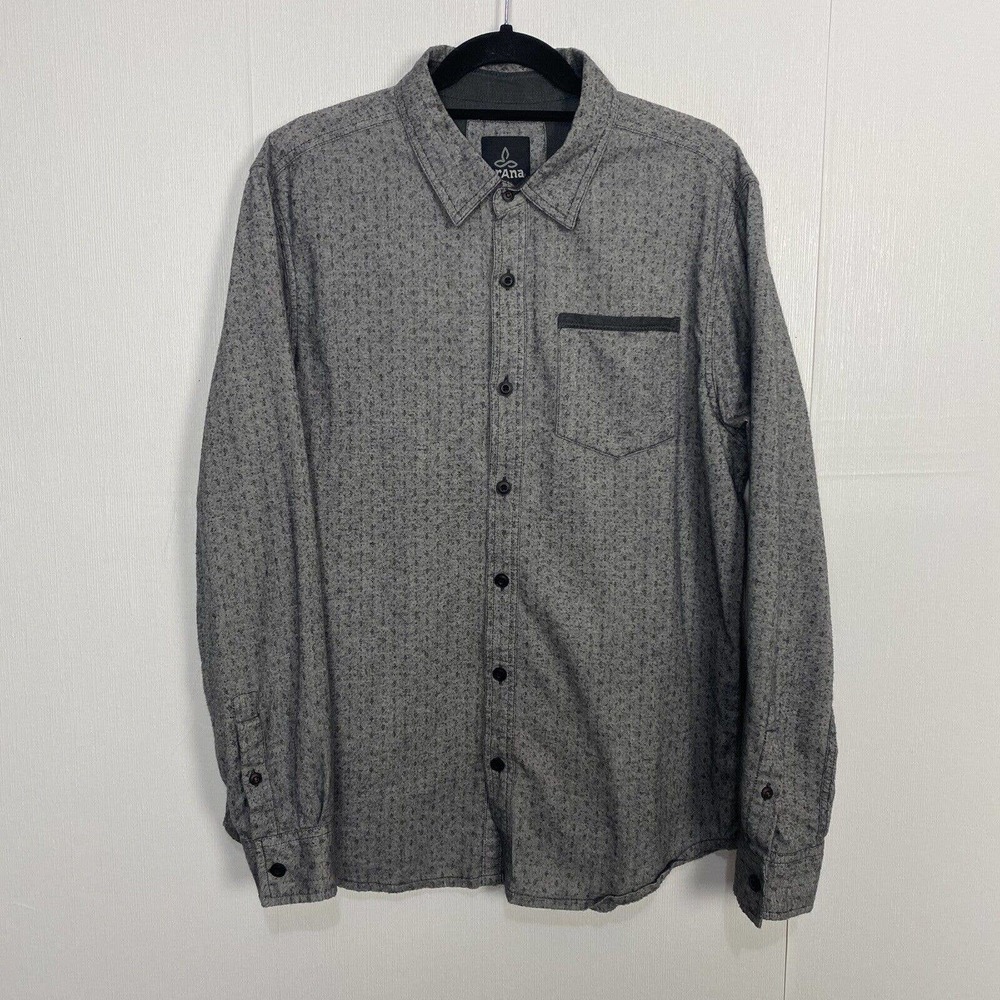 Prana Men's Gray Long Sleeve Button Down Shirt With Logo Size Large.
